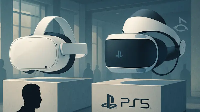 Гарнитура Meta Quest 3S рядом с логотипом PlayStation VR2, символизирующая ценовое сравнение VR-шлемов