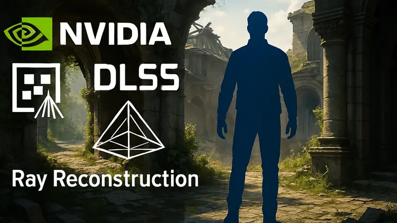 Логотип NVIDIA DLSS 4.5 Ray Reconstruction, иллюстрация улучшения графики с RTX