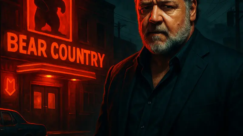 Постер фильма "Bear Country" с Расселом Кроу в главной роли, отображающий мрачную атмосферу криминала.