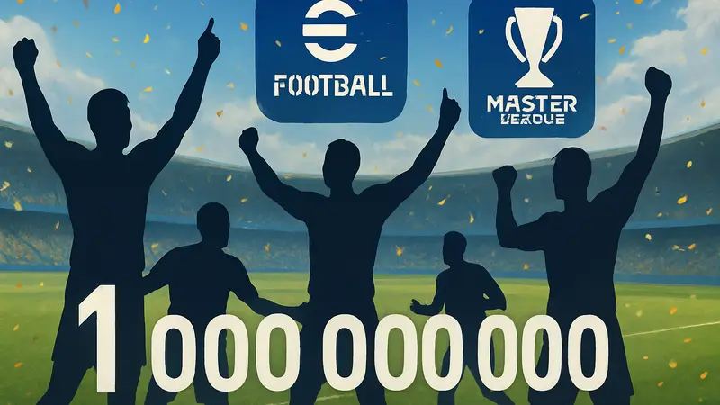 Игроки празднуют миллиард загрузок eFootball, логотип Master League Sprint на фоне футбольного поля.