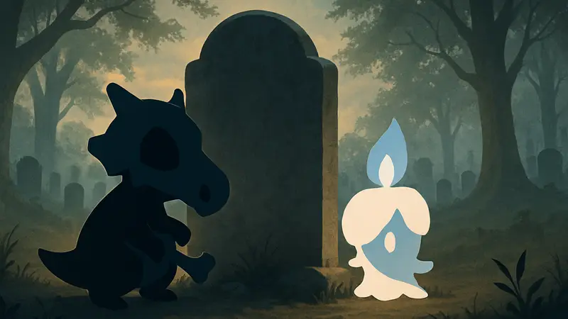 Покемоны Кубон и Литвик, появляющиеся у надгробия в игре Pokopia.