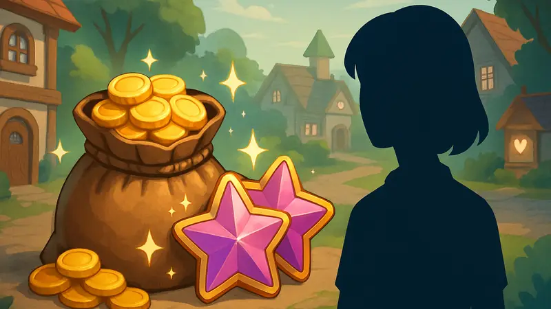 Игровые предметы: мешочек с золотом и Wishing Stars из Heartopia, демонстрирующие бесплатные награды для игроков