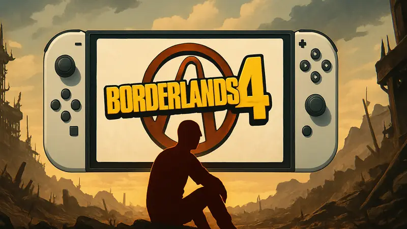 Логотип Borderlands 4 на фоне силуэта консоли Nintendo Switch 2, символизирующий отложенный релиз и ожидание.