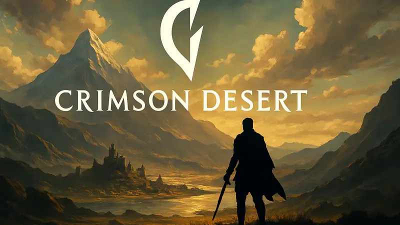 Логотип Crimson Desert на фоне эпического пейзажа, символизирующего успех игры и доходы Pearl Abyss.