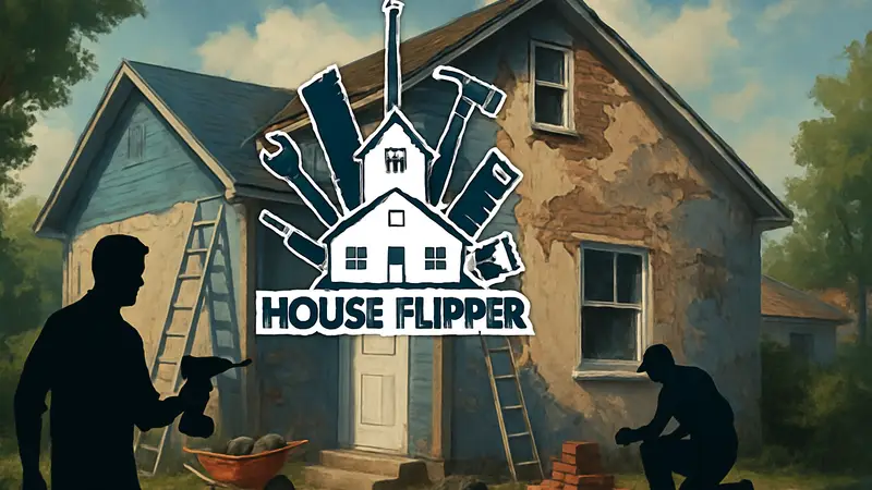 Логотип House Flipper на фоне ремонтируемого дома, с надписью "Бесплатно в Steam".