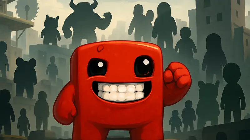 Super Meat Boy 3D: изображение главного героя на фоне различных персонажей и уровней.