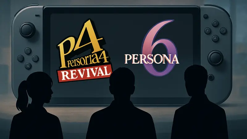 Логотипы Persona 4 Revival и Persona 6 на фоне консоли Nintendo Switch 2