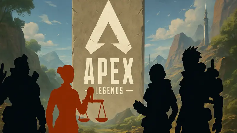 Логотип Apex Legends на фоне персонажей, символизирующих обновление и баланс.