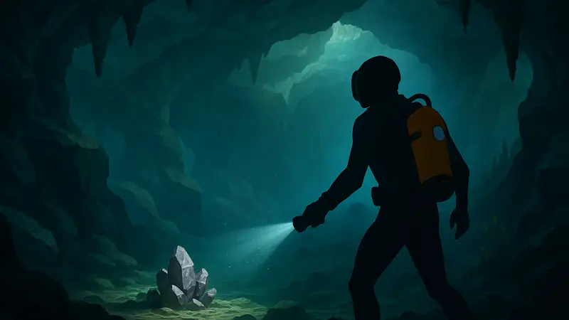 Игрок Subnautica 2 исследует подводные пещеры в поисках лития.