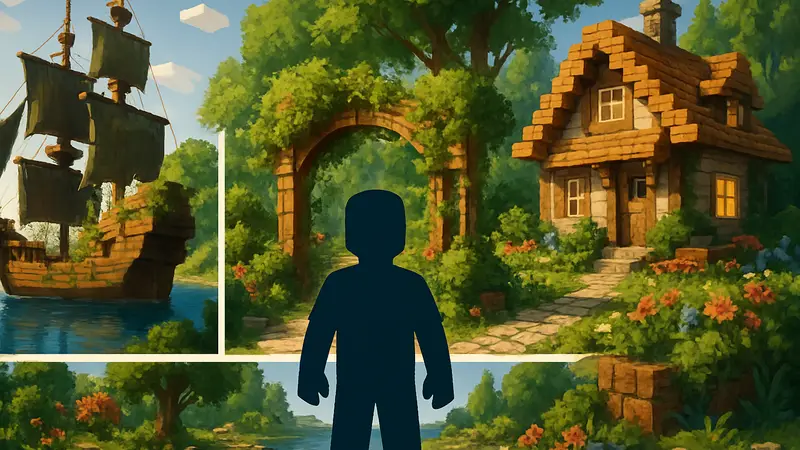 Коллаж из разнообразных построек в игре Minecraft: пиратский корабль, красивый сад, уютный домик.