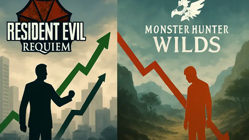 Логотип игры Resident Evil Requiem рядом с логотипом Monster Hunter Wilds, символизирующие разные финансовые результаты.