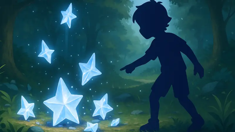 Изображение магических осколков Звездопада в игре Heartopia, лежащих на земле или парящих, окруженных светом.