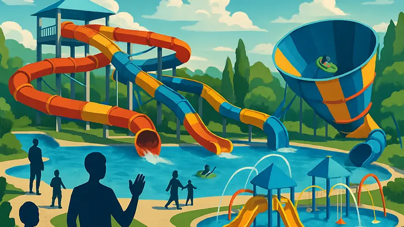 Скриншот из игры Aquapark Tycoon, демонстрирующий водные горки и аттракционы