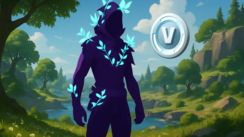 Персонаж из Fortnite в новом скине Perfected Nature на фоне игрового ландшафта, символизирующий выполнение квестов на V-баксы.