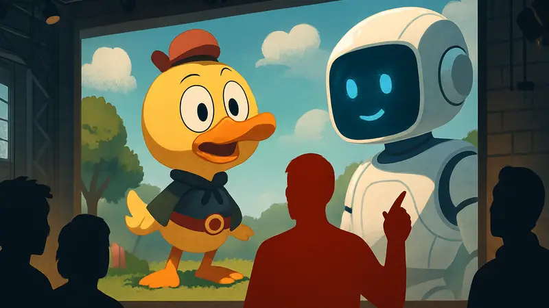 Иллюстрация, символизирующая ИИ-генерированный мультфильм «Punky Duck» и реакцию творческого сообщества.