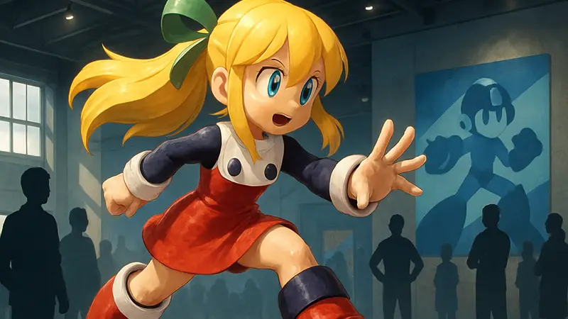 Гигантская фигурка Roll из игры Mega Man в динамичной позе, демонстрирующая детализацию.