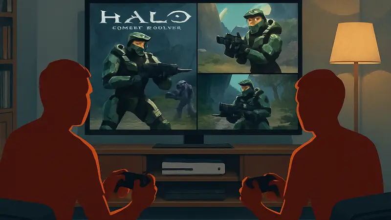 Изображение игроков, сидящих на диване и играющих в Halo: Campaign Evolved на PS5 в режиме разделенного экрана.