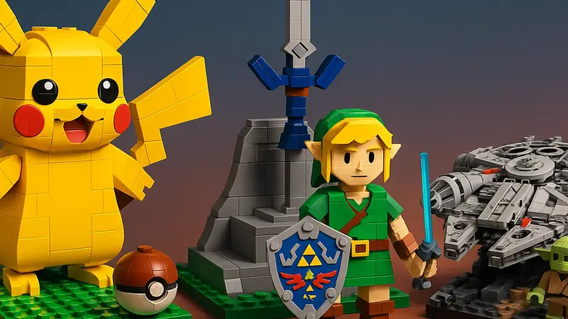 Изображение наборов LEGO по мотивам Pokémon, Zelda и Star Wars, демонстрирующее их потенциальное сравнение.