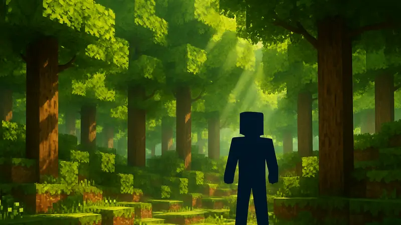 Красивый биом Dappled Forest из Minecraft, новый лес с густой листвой и лучами солнца.