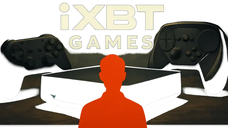 Логотип iXBT Games на фоне игровых контроллеров и Steam Machine.
