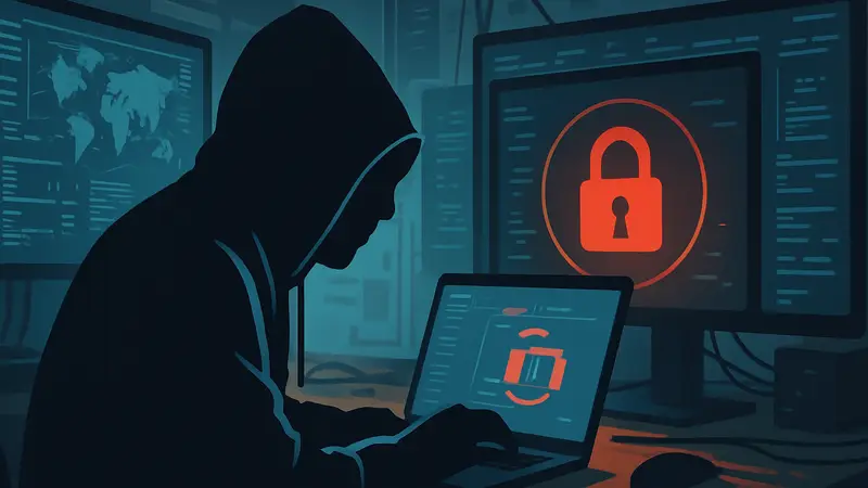 Мужчина в капюшоне за компьютером, символизирующий киберпреступность и ransomware-атаки.