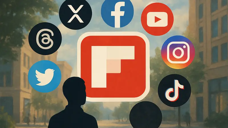 Логотип Flipboard и иконки различных социальных сетей, объединенных вместе.