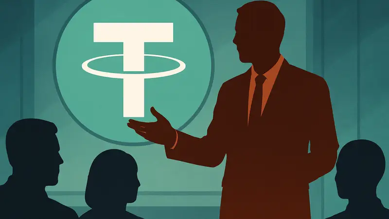 CEO Tether Филипп Бельтрам на фоне логотипа компании, демонстрирующий открытость к диалогу