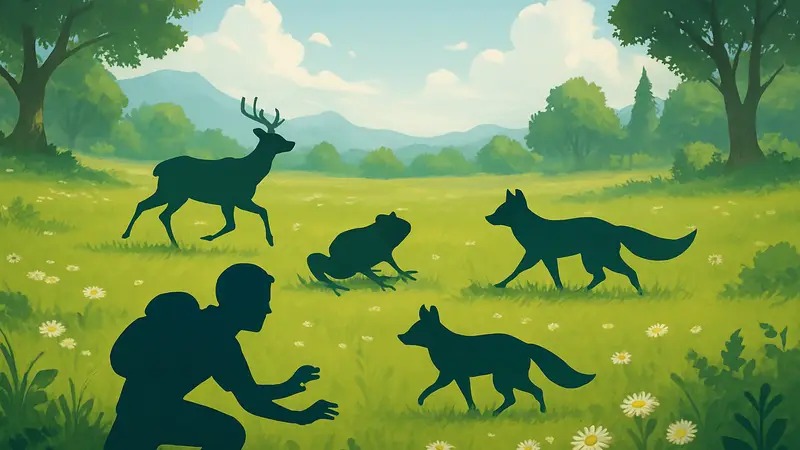 Скриншот из игры Mimic Meadows с игроком, превращающимся в животных на лугу