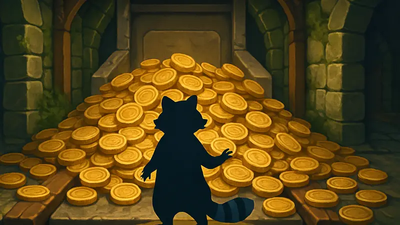 Арт или скриншот из игры Raccoin: Coin Pusher Roguelike с монетами и персонажем-енотом