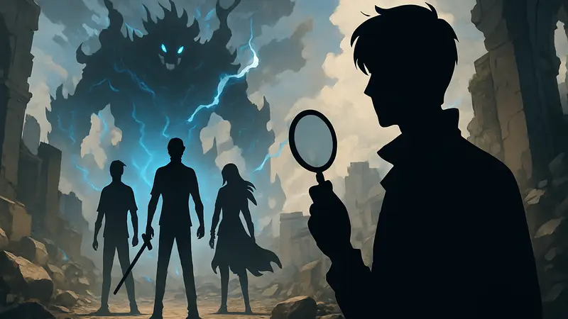 Изображение с персонажами в стиле манхва или кадр из Solo Leveling, символизирующий поиск похожих историй.