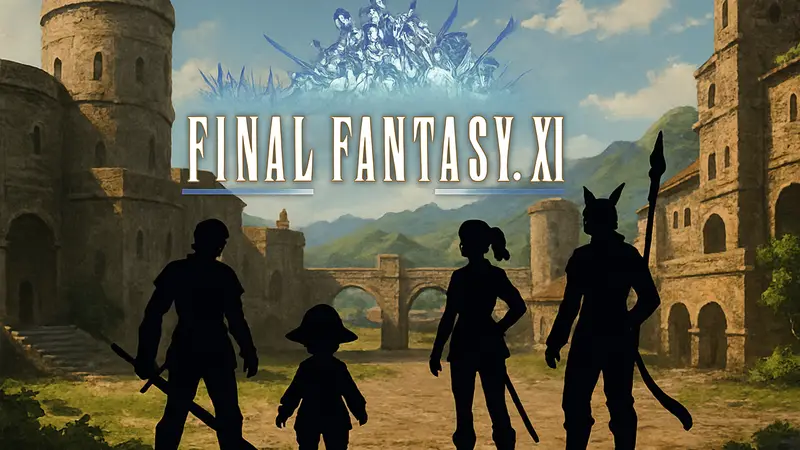 Логотип Final Fantasy XI на фоне скриншота игры