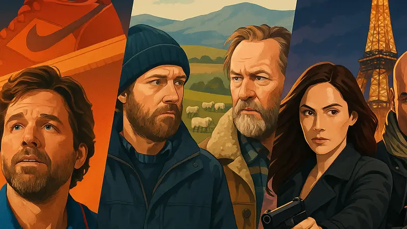 Коллаж из постеров или кадров трёх рекомендованных фильмов на Prime Video: «Воздух», «Дикие овцы» и «Из Парижа с любовью».