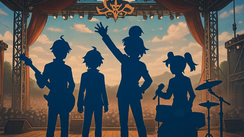 Персонажи из аниме Welcome to Demon School! Iruma-kun на сцене музыкального фестиваля, готовые к выступлению.