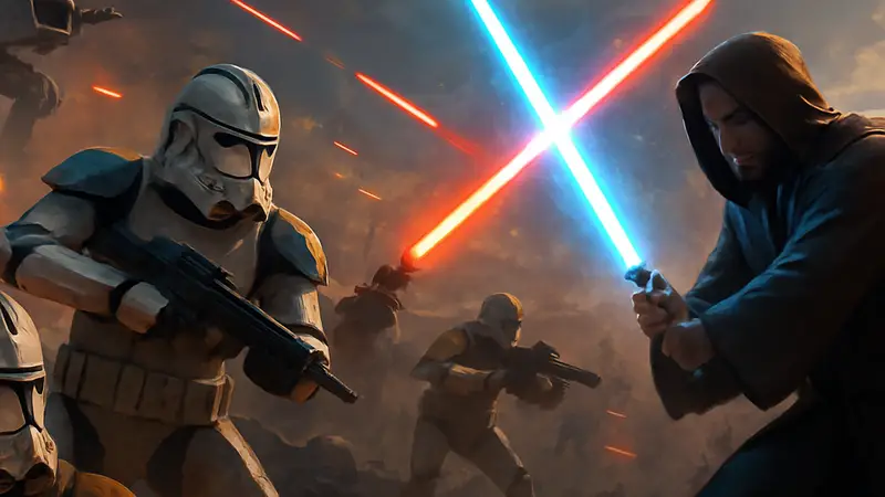 Кадр из Star Wars Battlefront 3 Legacy, показывающий сражение клонов или джедаев, демонстрирующий качество фанатского мода.