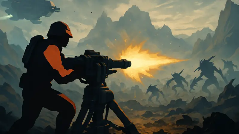 Helldivers 2: солдат использует пулеметную турель HMG для уничтожения врагов в бою.