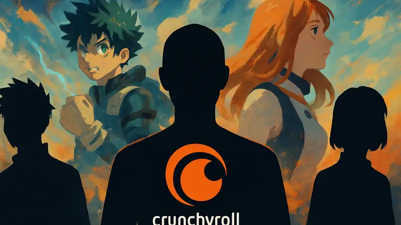 Изображение логотипа Crunchyroll на фоне абстрактных аниме-персонажей или постера нового аниме.