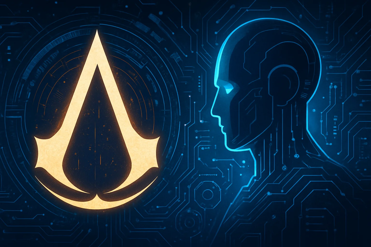 Логотип Assassin's Creed на фоне кибернетического интерфейса, символизирующего внедрение ИИ в игры Ubisoft.