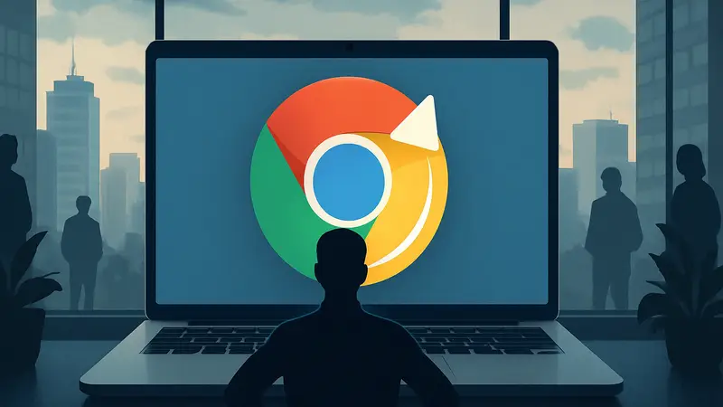 Логотип Google Chrome на экране ноутбука, символизирующий быстрые обновления. Новая версия Chrome.