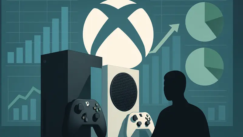 Логотип Xbox на фоне консолей Xbox Series X и S, графики финансовой аналитики.
