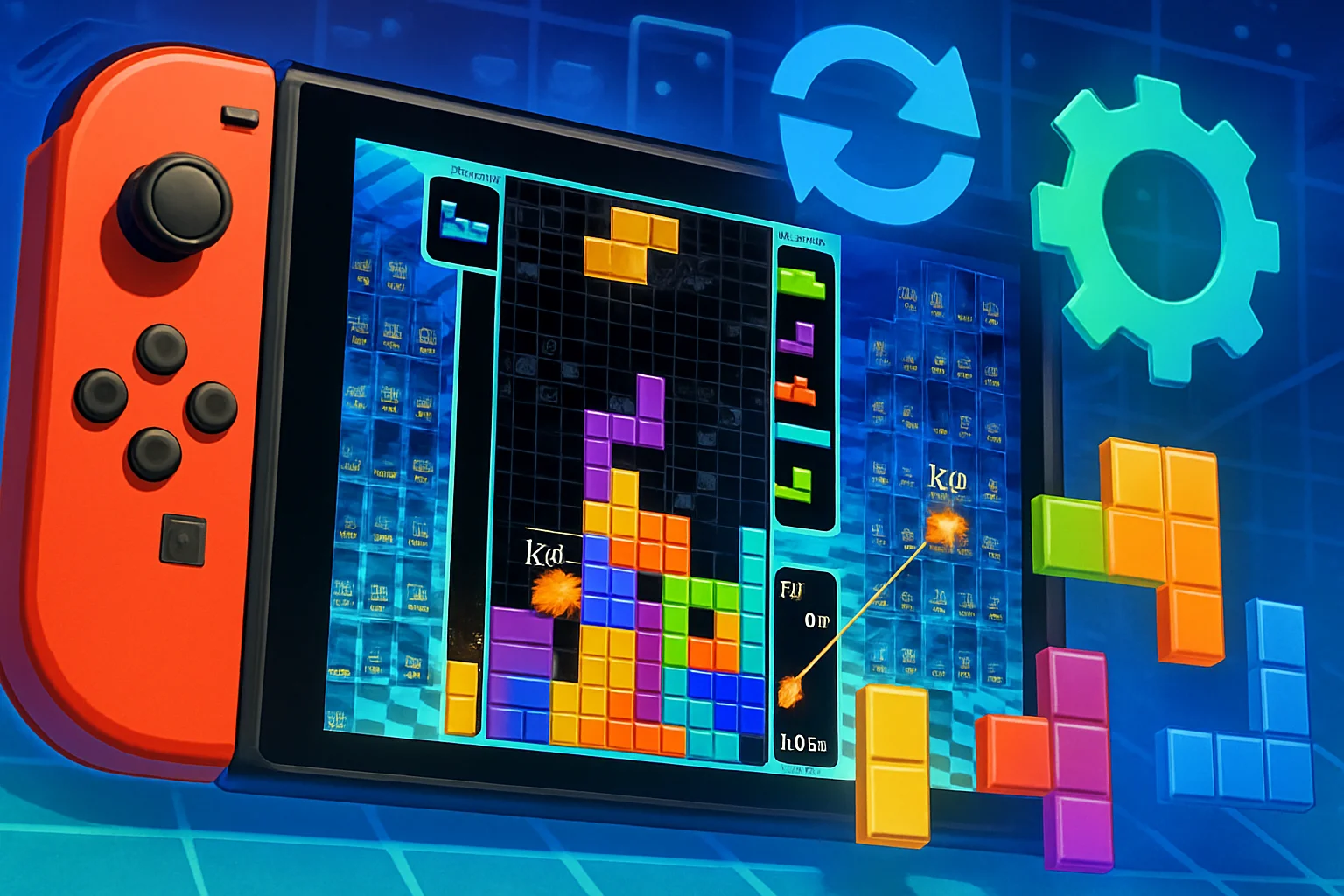 Скриншот игрового процесса Tetris 99 с логотипом Nintendo Switch и элементами обновления на заднем плане.