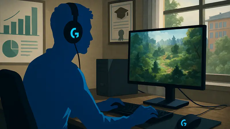 Молодой киберспортсмен за компьютером, исследование Logitech G о карьере в киберспорте.