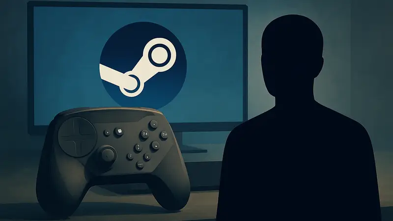 Логотип Steam Machine на фоне игрового контроллера и дисплея, символизирующий консоль Valve.