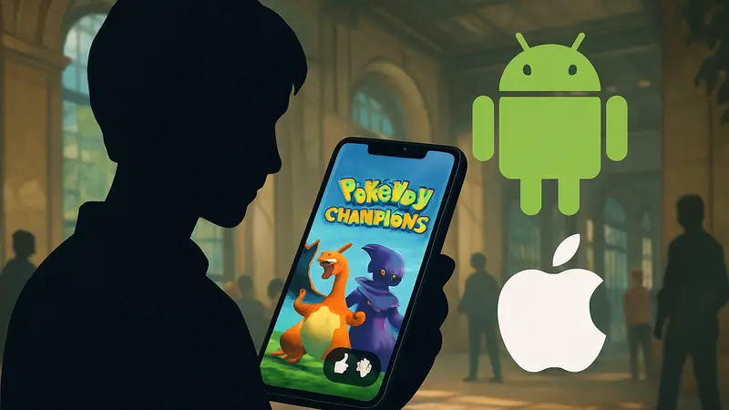 Мобильная версия игры Pokemon Champions на смартфоне с логотипами Android и iOS.
