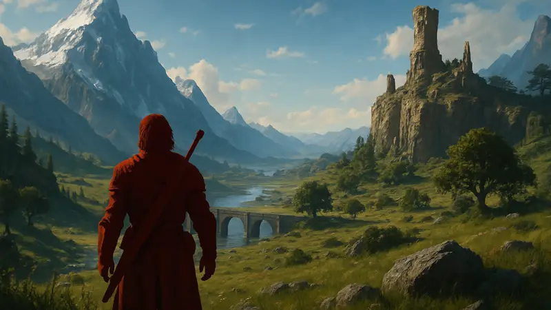 Кадр из игры Crimson Desert, демонстрирующий главного героя в открытом мире и эпические пейзажи.