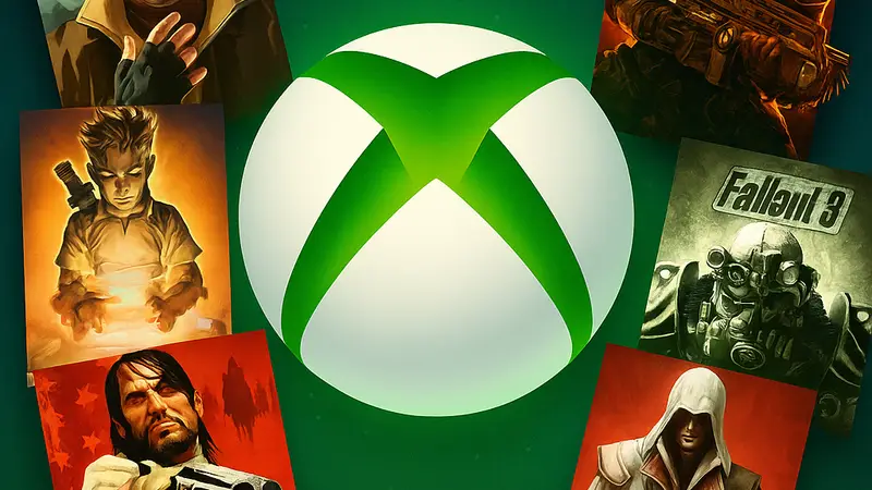 Изображение логотипа Xbox, окруженного обложками культовых игр с обратной совместимостью, доступных по скидке на распродаже.