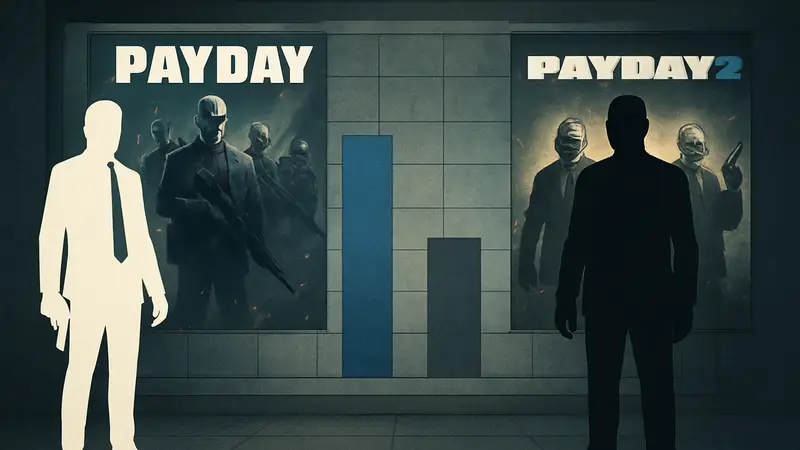 Сравнение обложек игр Payday 3 и Payday 2, демонстрирующее их выручку и популярность.