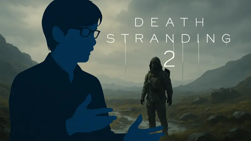 Хидео Кодзима на фоне логотипа Death Stranding 2, обсуждает изменения в сиквеле.