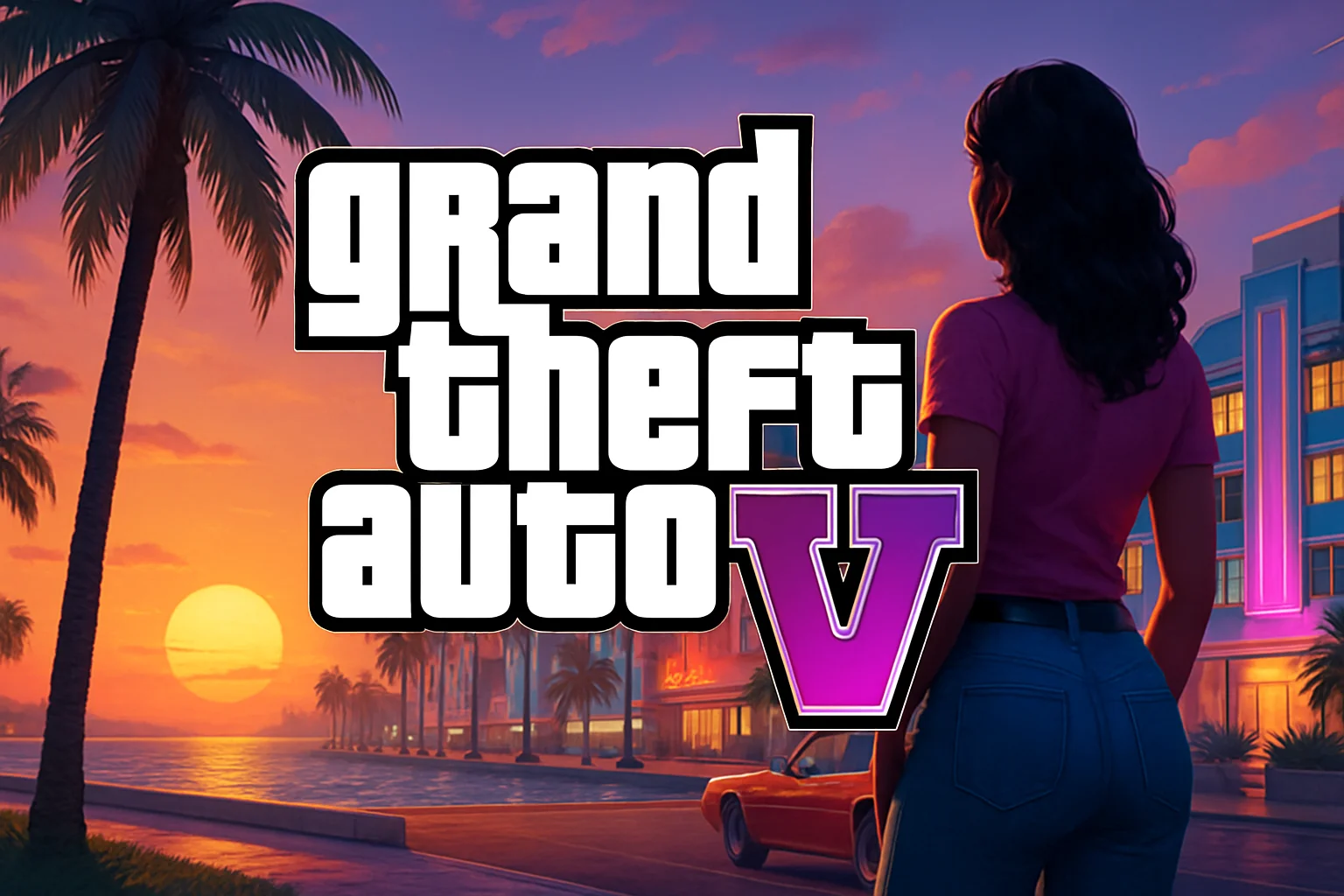 Логотип Grand Theft Auto 6 на фоне скриншота из предыдущих трейлеров, символизирующий ожидание фанатов