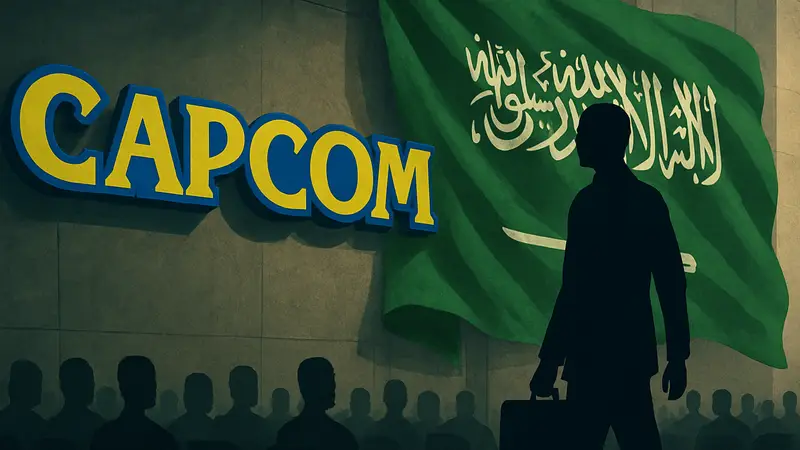 Логотип Capcom на фоне арабского флага, символизирующего инвестиции Саудовской Аравии.