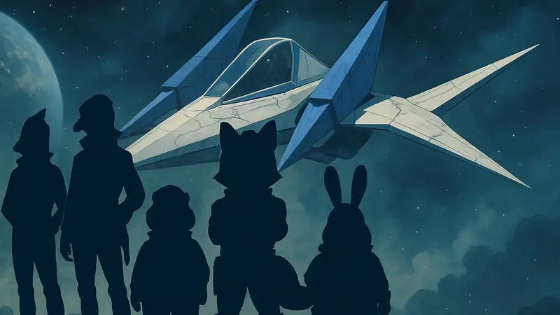 Арт с персонажами Star Fox, Фоксом МакКлаудом и его командой, на фоне космического корабля Arwing.